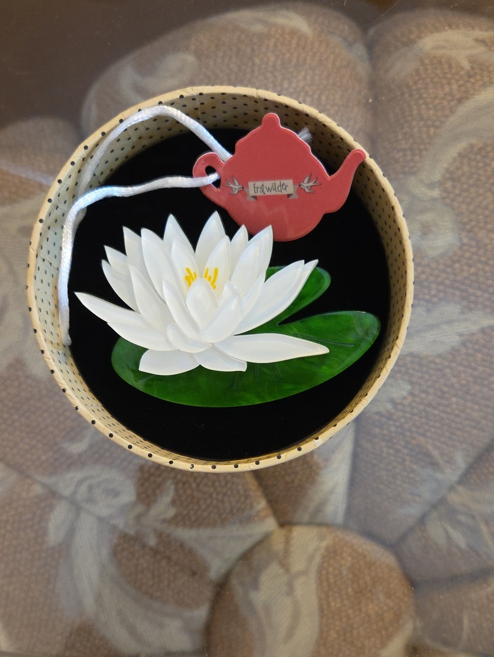 Erstwilder White Water Lily Brooch with Green Lily Pad